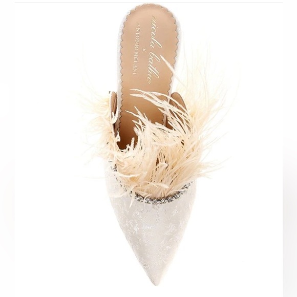 Antonio Melani x Nicola Bathie Liz Ostrich Feathers Rhinestone Dress Mules - Picture 4 of 16
